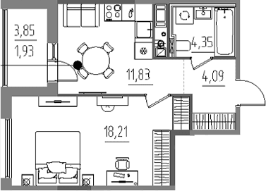 Планировка: 1-комнатная квартира 38,5 м² в ЖК «Лиггат»