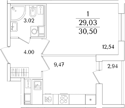 Планировка: 1-комнатная квартира 29 м² в ЖК «Кинопарк»