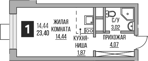 Планировка: Студия 23,4 м² в ЖК «Гранель Пехра»