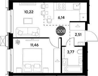 Планировка: Евродвушка 34,1 м² в ЖК «ЭВО»