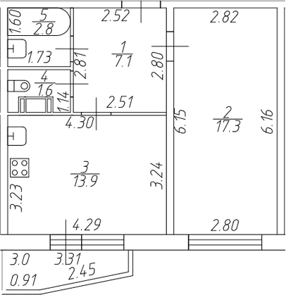 Планировка: 1-комнатная квартира 42,7 м² в ЖК «Тандем»