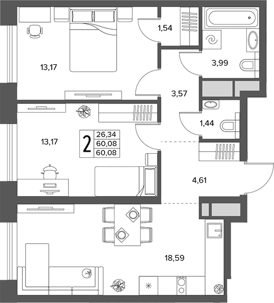 Планировка: Евротрёшка 60,1 м² в ЖК «Городской бор»