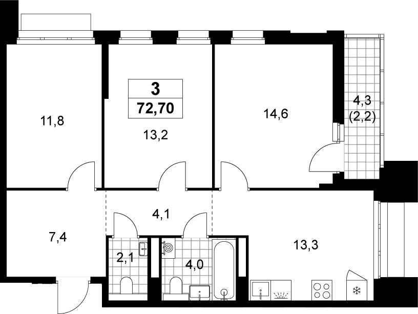Планировка: 3-комнатная квартира 70,5 м² в ЖК «Деснаречье»