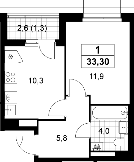 Планировка: 1-комнатная квартира 32 м² в ЖК «Деснаречье»
