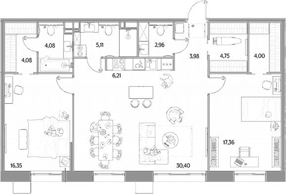 Планировка: Евротрёшка 99,3 м² в ЖК «МЫС»