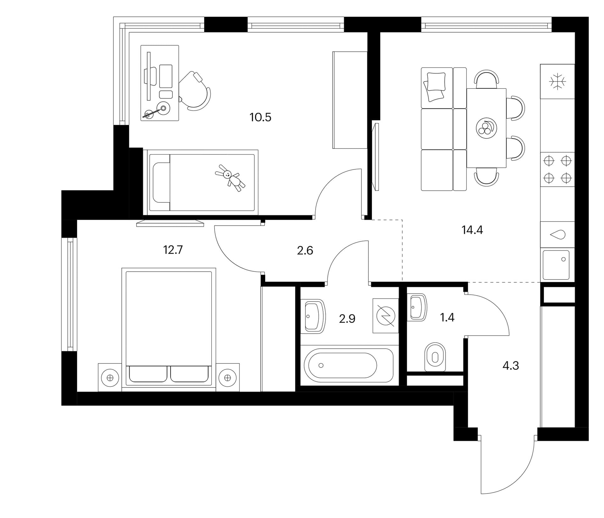 Планировка: 2-комнатная квартира 48,8 м² в ЖК «Белая Дача парк»