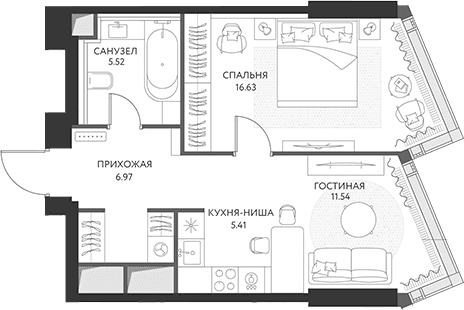Планировка: Евродвушка 46,1 м² в ЖК «ХАЙДАУТ»