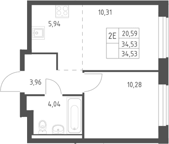 Планировка: Евродвушка 34,5 м² в ЖК «Горки Парк»