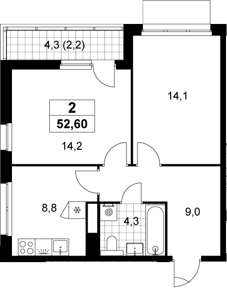 Планировка: 2-комнатная квартира 50,4 м² в ЖК «Деснаречье»