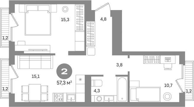 Планировка: 2-комнатная квартира 53,7 м² в ЖК «Первый квартал. Вторая очередь»
