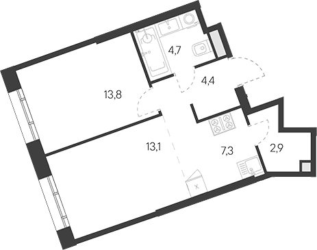 Планировка: Евродвушка 46,2 м² в ЖК «Родина Переделкино»