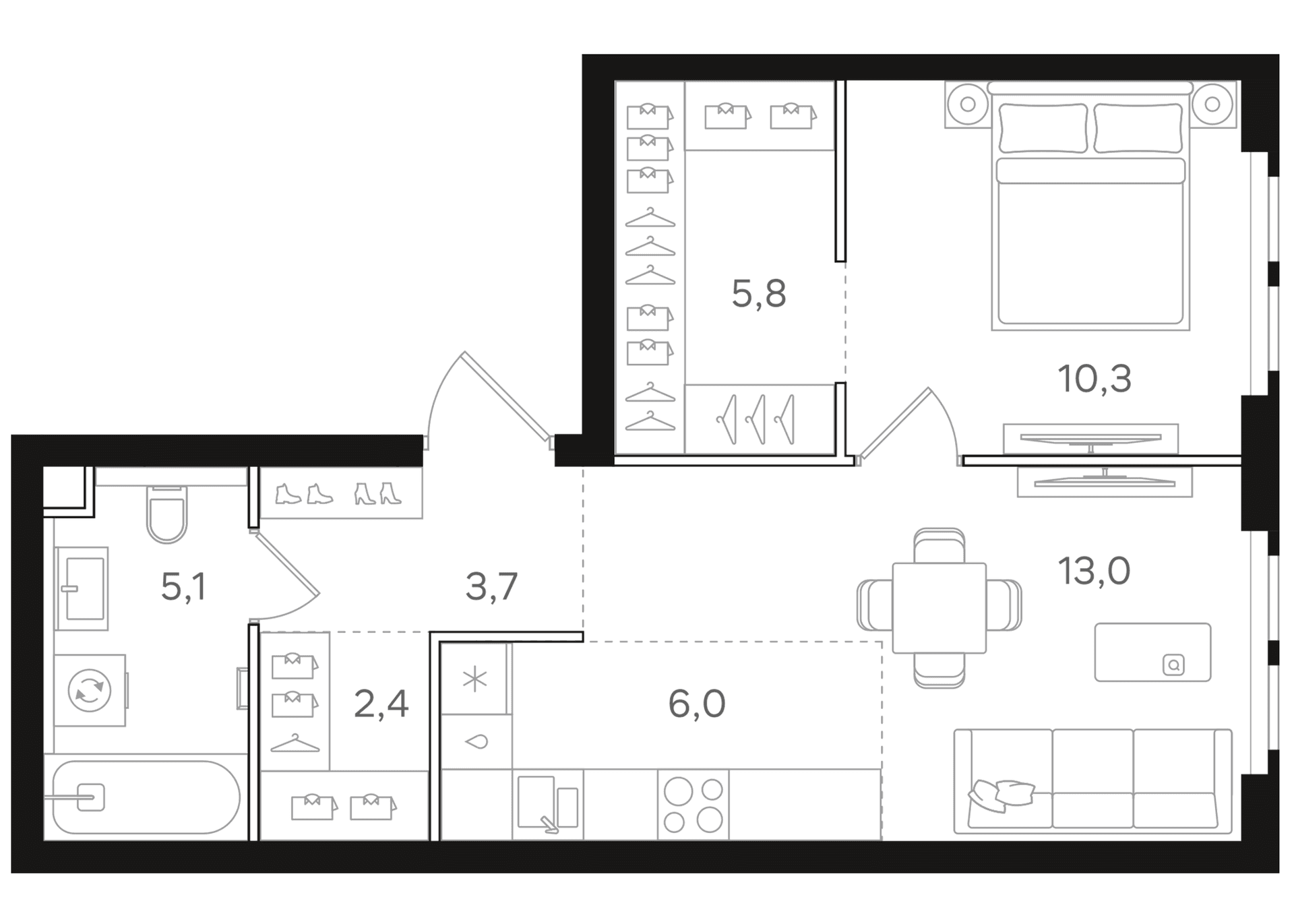 Планировка: Евродвушка 46,3 м² в ЖК «НАЗАРЕ»