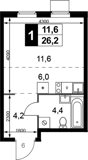 Планировка: Студия 26,2 м² в ЖК «1-й Химкинский»