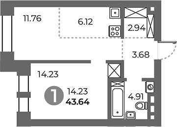 Планировка: 1-комнатная квартира 43,6 м² в ЖК «Павелецкая от Гранель»