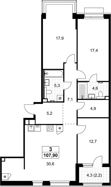 Планировка: Квартира евро-4 105,7 м² в ЖК «Хольм»