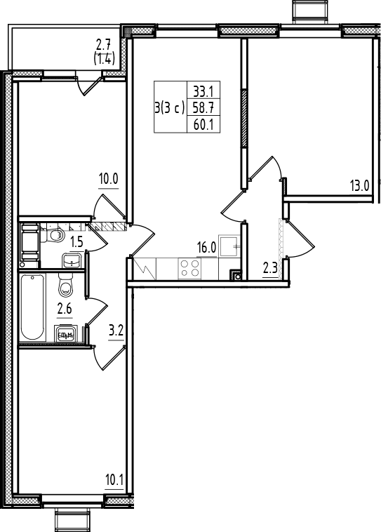 Планировка: Квартира евро-4 58,7 м² в ЖК «Ржевский парк»