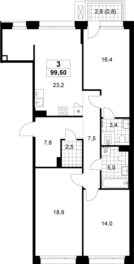 Планировка: Квартира евро-4 98,7 м² в ЖК «Хольм»