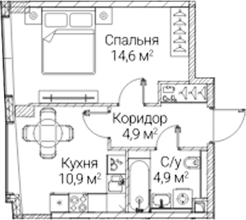 Планировка: 1-комнатная квартира 37,2 м² в ЖК «СЕЗАР БУДУЩЕЕ»