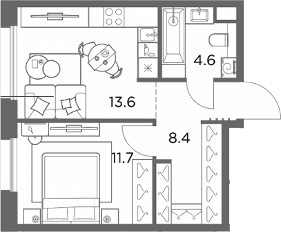 Планировка: 1-комнатная квартира 38,3 м² в ЖК «Станиславский»