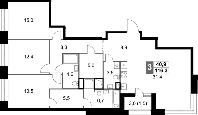 Планировка: Квартира евро-4 114,8 м² в ЖК «Скай Гарден»