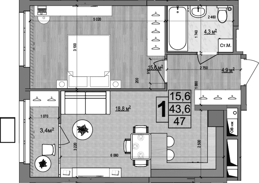 Планировка: Евродвушка 43,6 м² в ЖК «Гранд Комфорт 2»