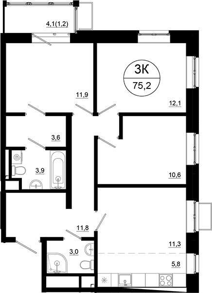 Планировка: Квартира евро-4 74 м² в ЖК «Союзный»
