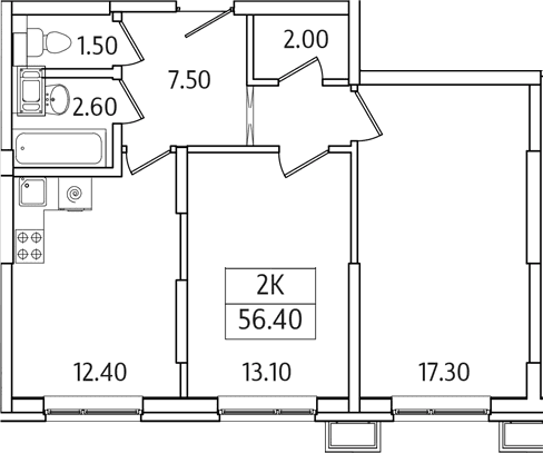 Планировка: 2-комнатная квартира 56,4 м² в ЖК «Видный Берег 2.0»