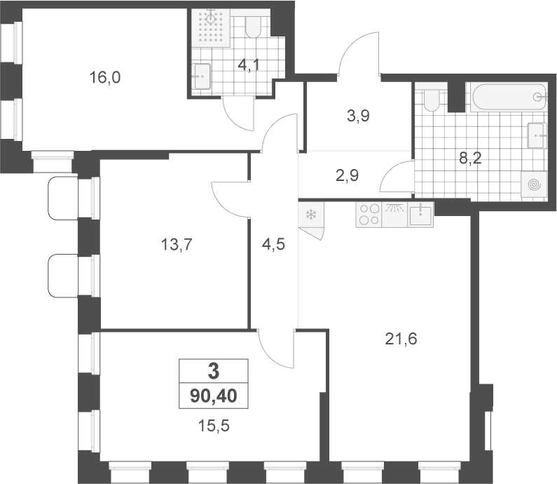 Планировка: Квартира евро-4 90,4 м² в ЖК «Деснаречье»