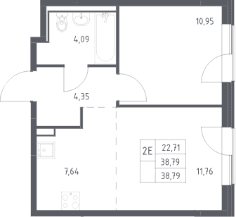 Планировка: Евродвушка 38,8 м² в ЖК «Прибрежный Парк»