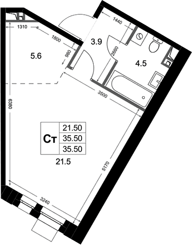 Планировка: Студия 35,5 м² в ЖК «Кореневский Форт 2.3»