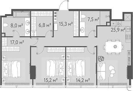 Планировка: Квартира евро-4 109,9 м² в ЖК «ОНЕ»