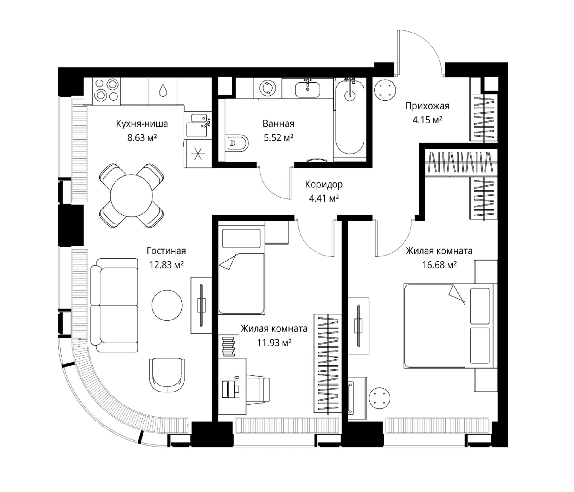 Планировка: Евротрёшка 64,2 м² в ЖК «Веер»
