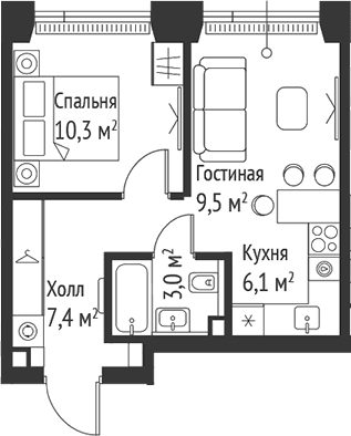 Планировка: Евродвушка 36,3 м² в ЖК «СЕТ»