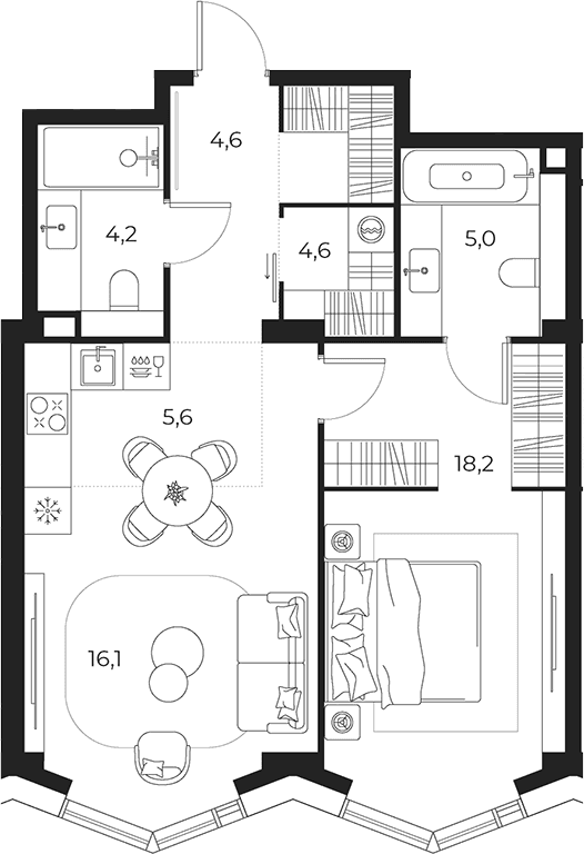 Планировка: Евродвушка 58,3 м² в ЖК «МАСТЕРС»
