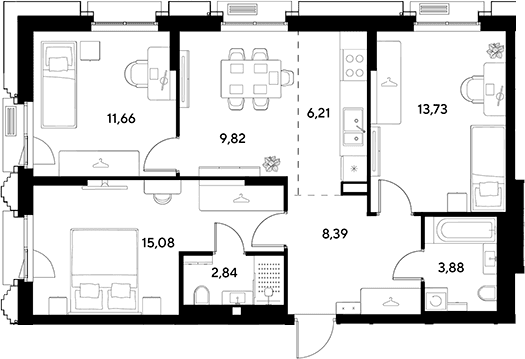 Планировка: Квартира евро-4 71,6 м² в ЖК «ЭВО»