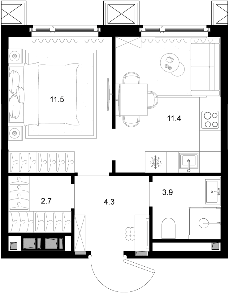 Планировка: 1-комнатная квартира 33,5 м² в ЖК «Дом МАЛЕВИЧ»