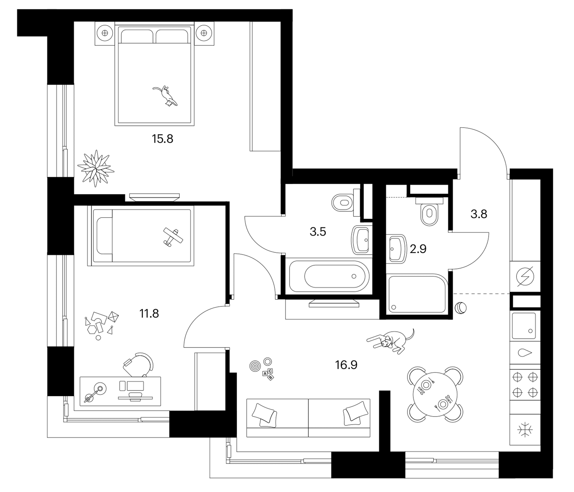 Планировка: 2-комнатная квартира 54,7 м² в ЖК «Зеленый парк»