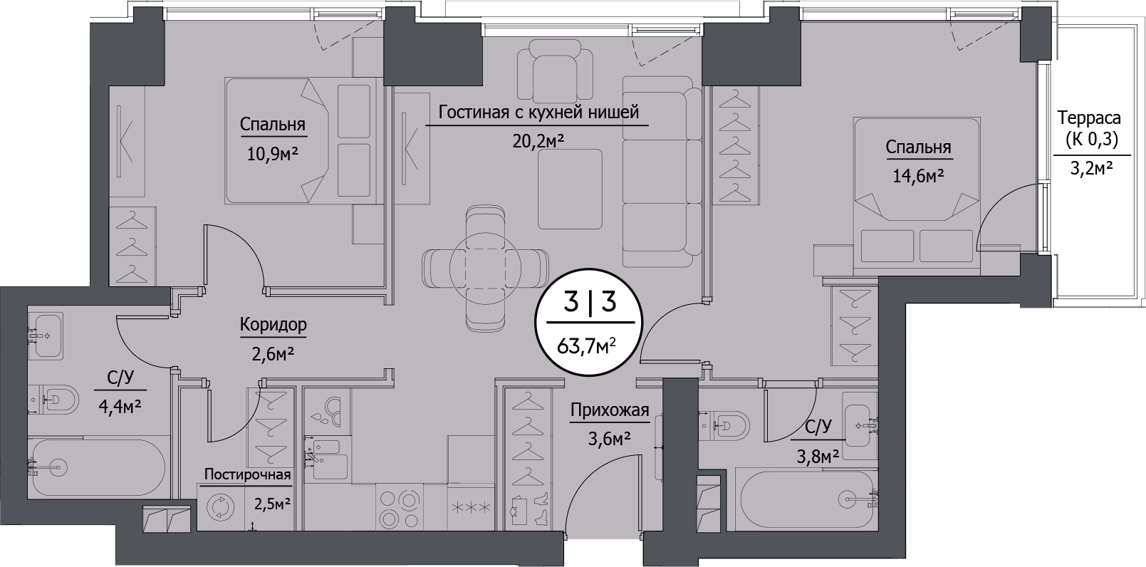 Планировка: Евротрёшка 62,8 м² в ЖК «hide»