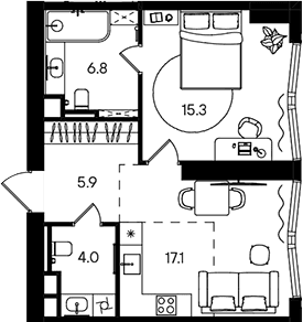 Планировка: Евродвушка 49,1 м² в ЖК «СТОУН Блик»