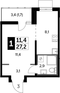Планировка: Студия 26,6 м² в ЖК «Южная Битца»
