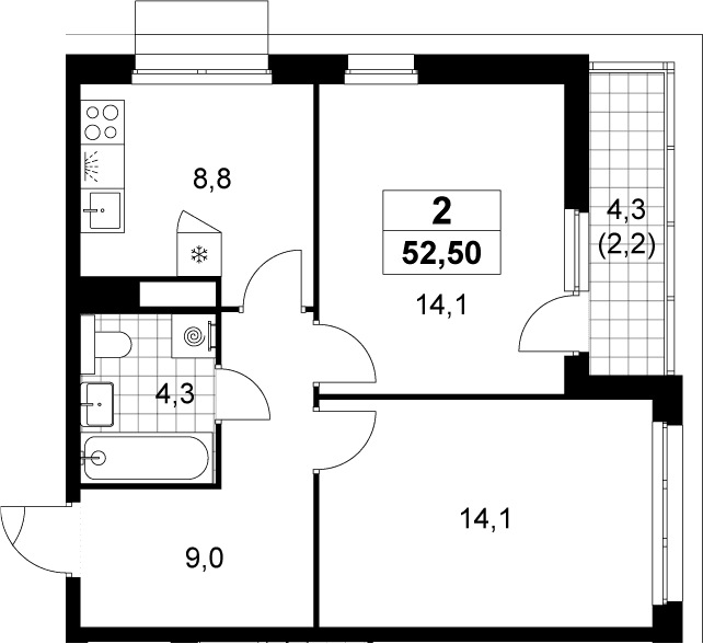 Планировка: 2-комнатная квартира 50,3 м² в ЖК «Деснаречье»