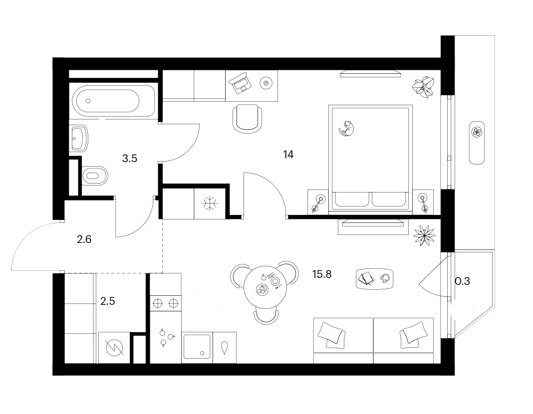 Планировка: 1-комнатная квартира 38,4 м² в ЖК «Зеленый парк»