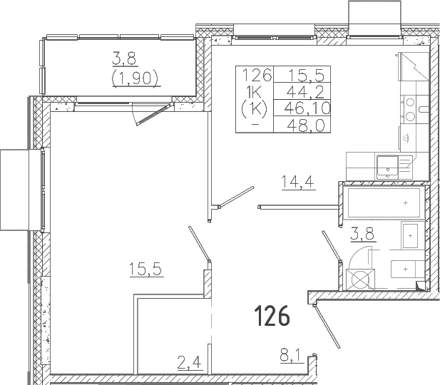 Планировка: 1-комнатная квартира 44,2 м² в ЖК «Лисино»