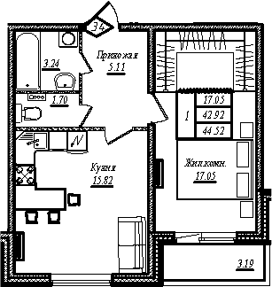 Планировка: 1-комнатная квартира 42,9 м² в ЖК «АРО»