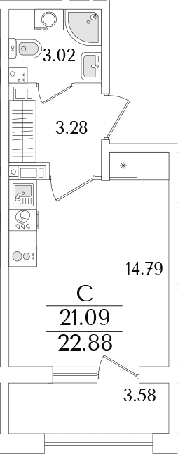 Планировка: Студия 21,1 м² в ЖК «Аурум»