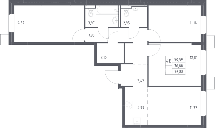 Планировка: Квартира евро-4 76,9 м² в ЖК «Прибрежный Парк»