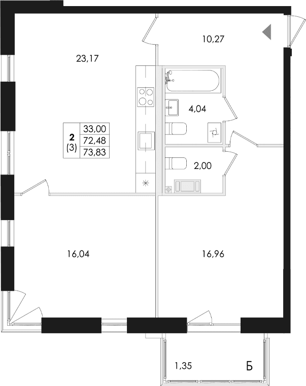 Планировка: Евротрёшка 72,5 м² в ЖК «Лисино»