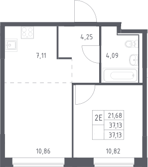 Планировка: Евродвушка 37,1 м² в ЖК «Прибрежный Парк»