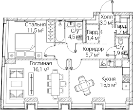 Планировка: 2-комнатная квартира 62,3 м² в ЖК «СЕЗАР БУДУЩЕЕ»