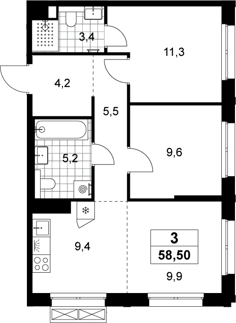 Планировка: Евротрёшка 58,5 м² в ЖК «Хольм»